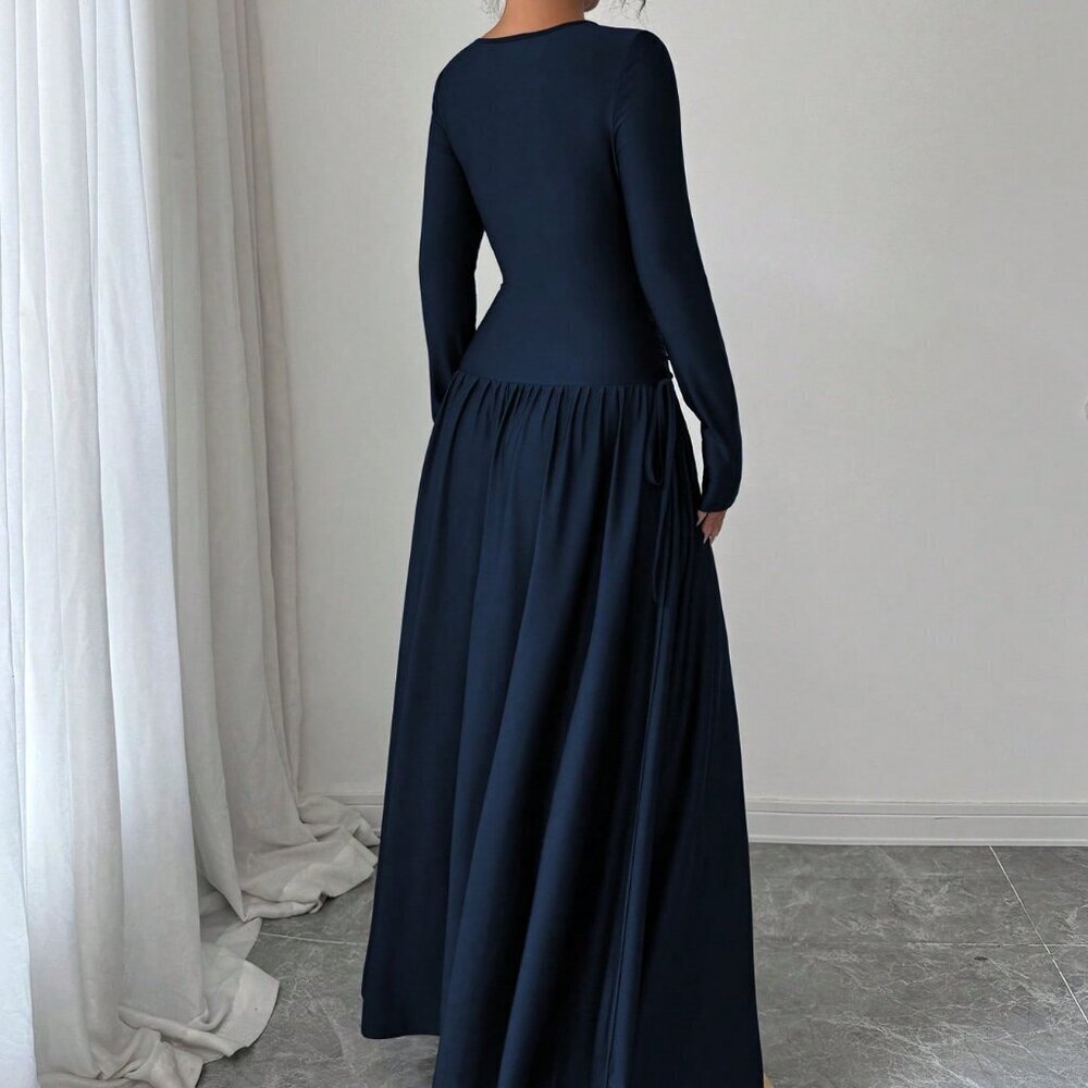 Royal Elegant Women's Oblique Collar Long Sleeve Pleated A-Line Long Dress - Picture 2 of 8